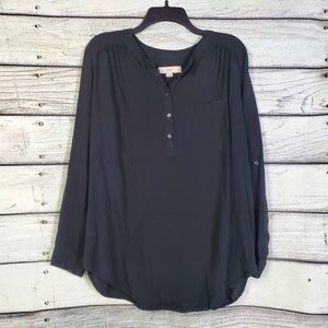 Ann Taylor LOFT Women’s Black Rayon Henley Blouse Size L Roll Tab Long Sleeve To